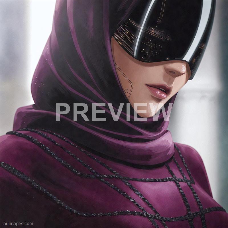 The image showcases a close-up of a futuristic woman wearing a sleek, black visor that covers her eyes and extends across her face, reflecting a high-tech environment. She is dressed in a purple hijab with intricate black stitching and detailing, giving her a sophisticated and modern appearance. Her lips are slightly parted, revealing a hint of a smile, and her skin is smooth and well-lit, emphasizing her facial features. The background is blurred, focusing attention on her face and attire, suggesting a sci-fi or cyberpunk theme.